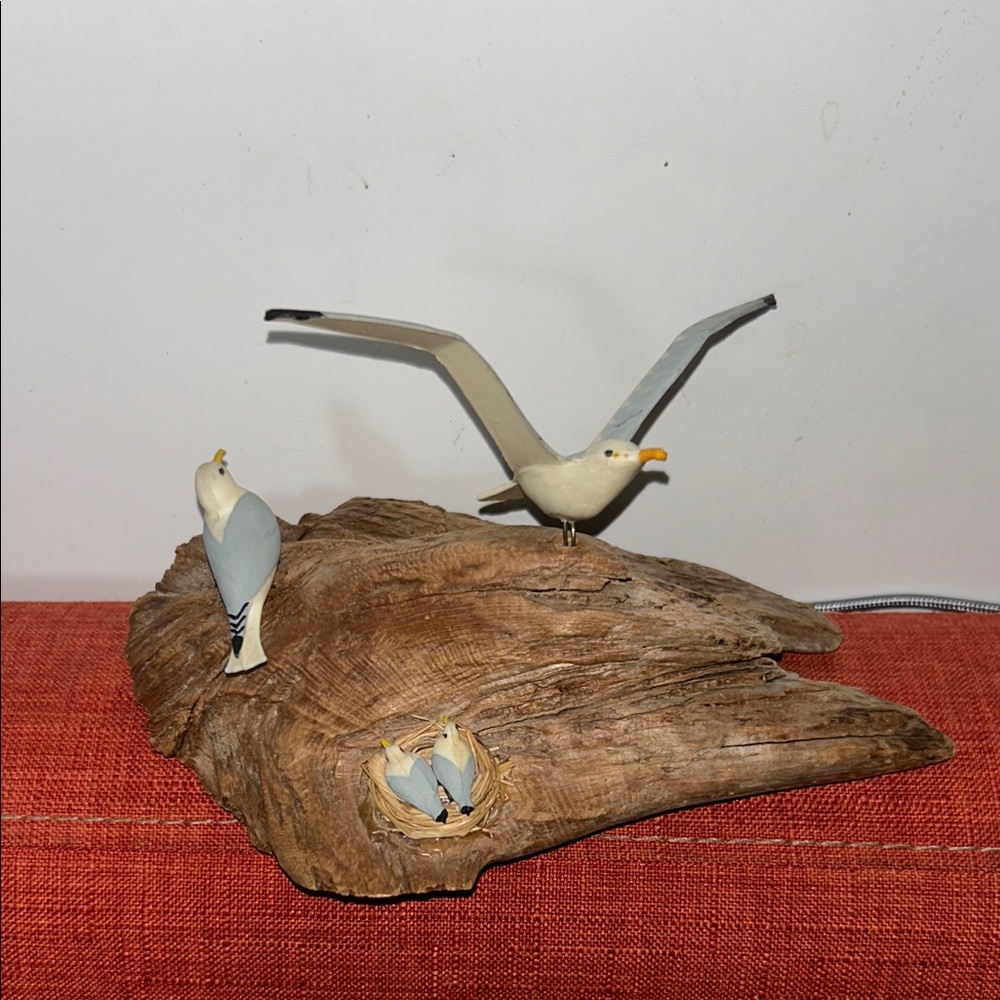 Handpainted Seagull Bird Toy Set in Blue and White on Driftwood
